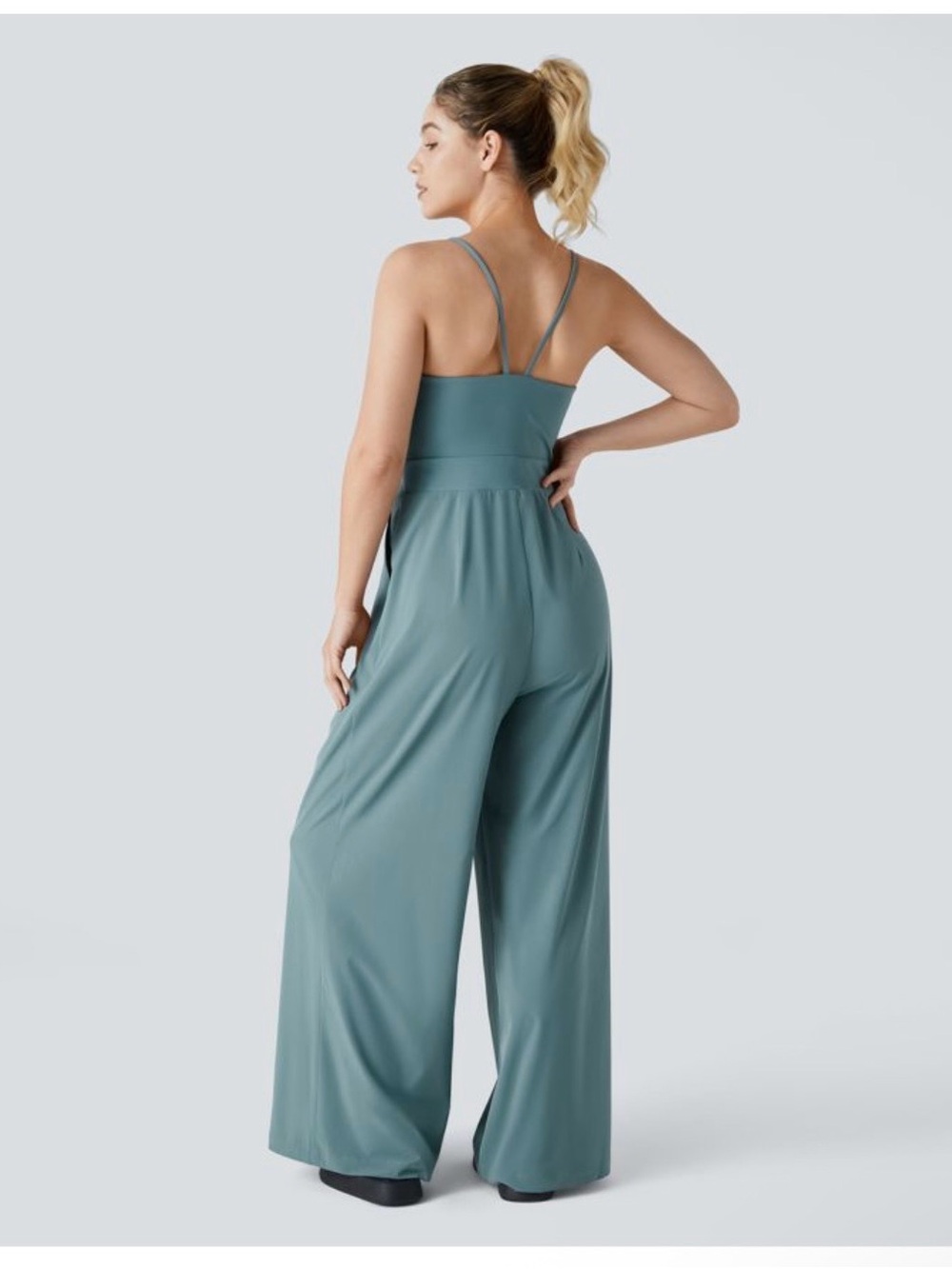 NWOT HALARA Breezeful Teal Wide-Leg V-Neck Jumpsuit - Picture 2 of 8